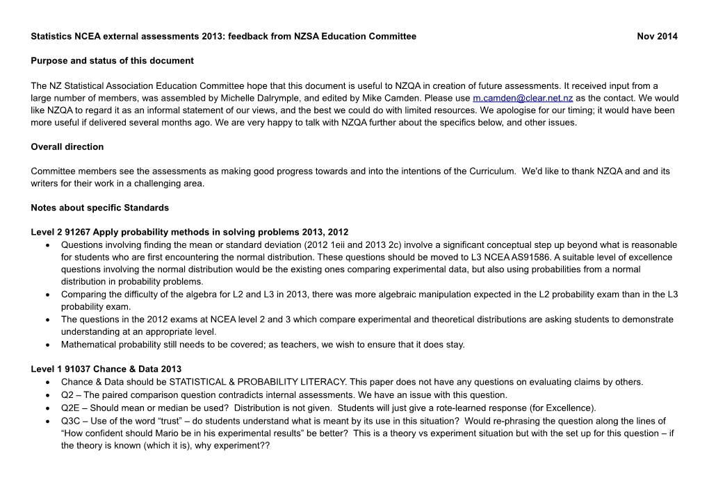 Statistics NCEA External Assessments 2013: Feedback from NZSA Education Committeenov 2014