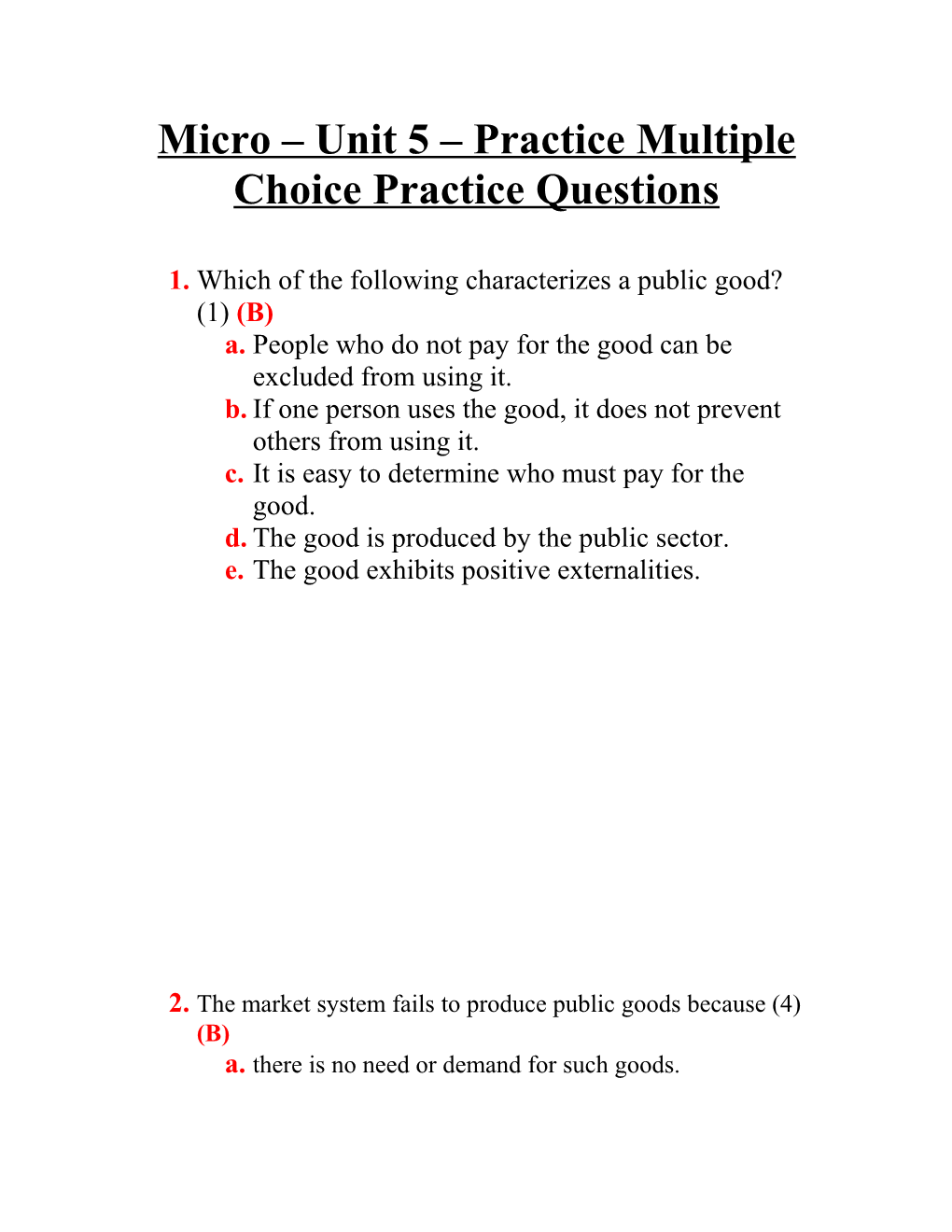Micro Unit 5 Practice Multiple Choice Practice Questions