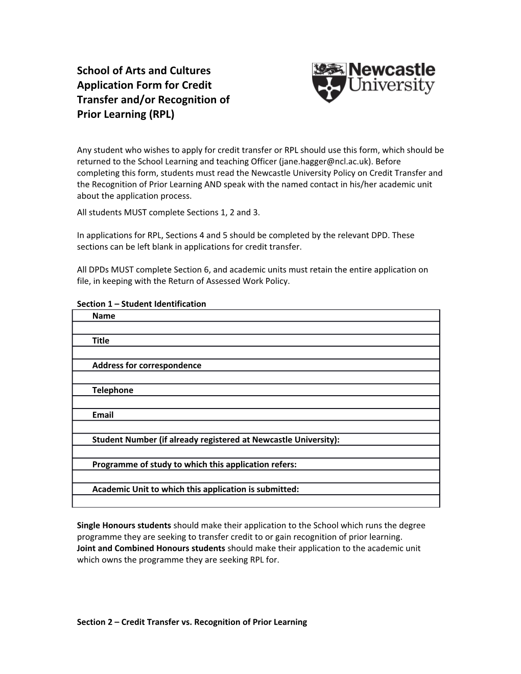 Any Student Who Wishes to Apply for Credit Transfer Or RPL Should Use This Form, Which