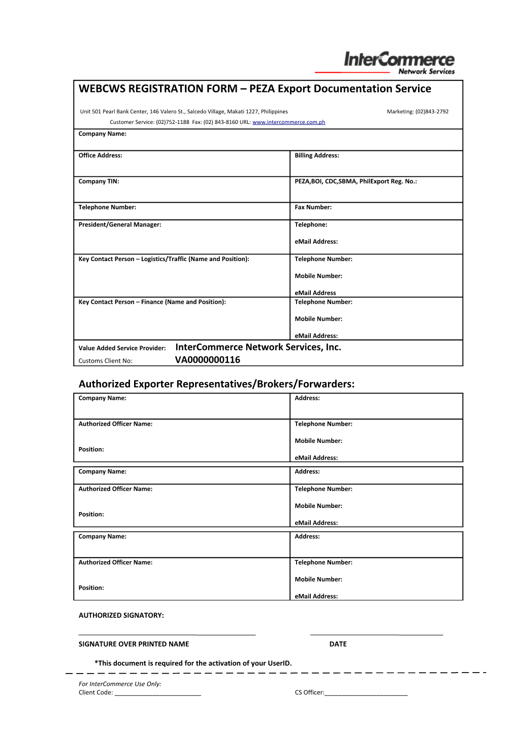 WEBCWS REGISTRATION FORM PEZA Export Documentation Service