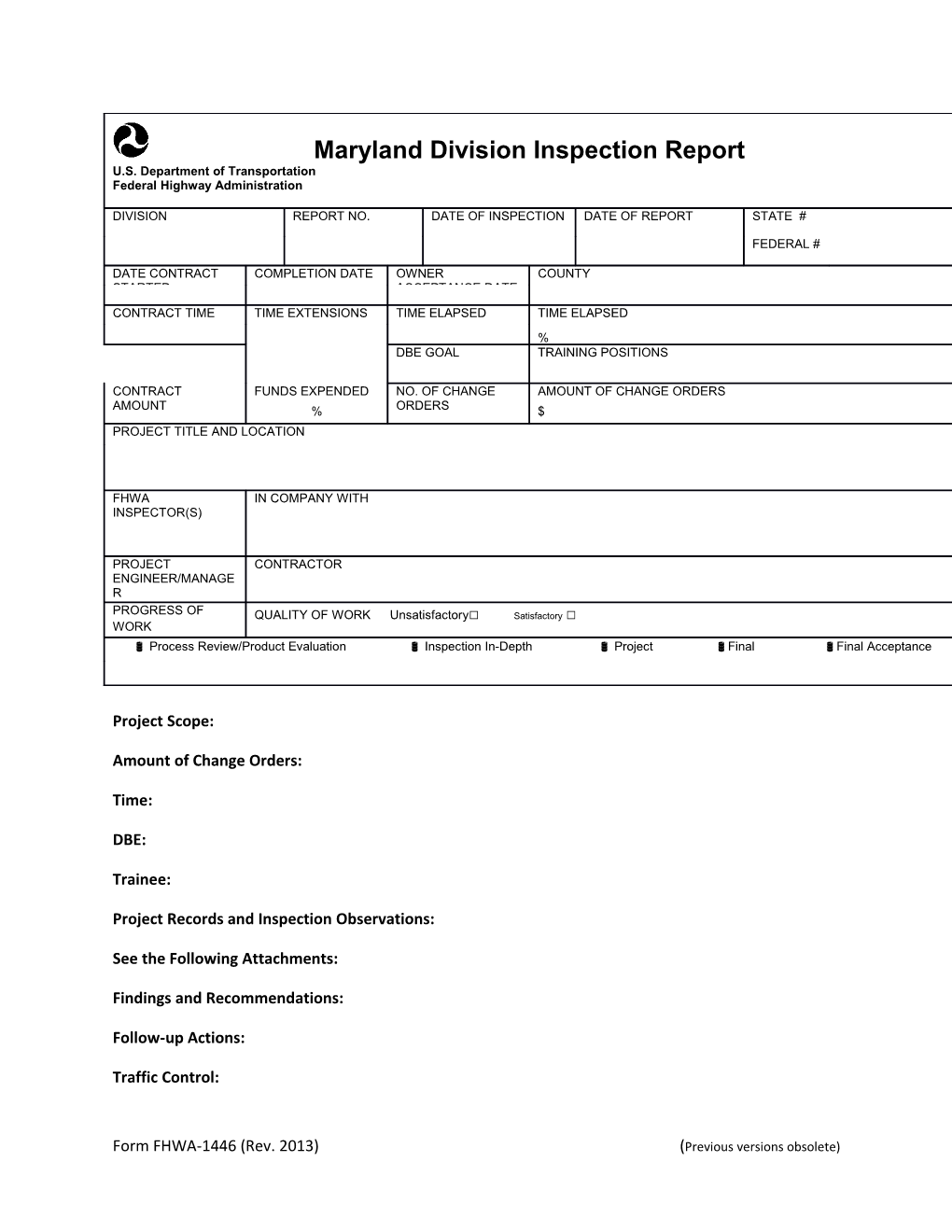 FHWA MD Div Inspection Report Checklist