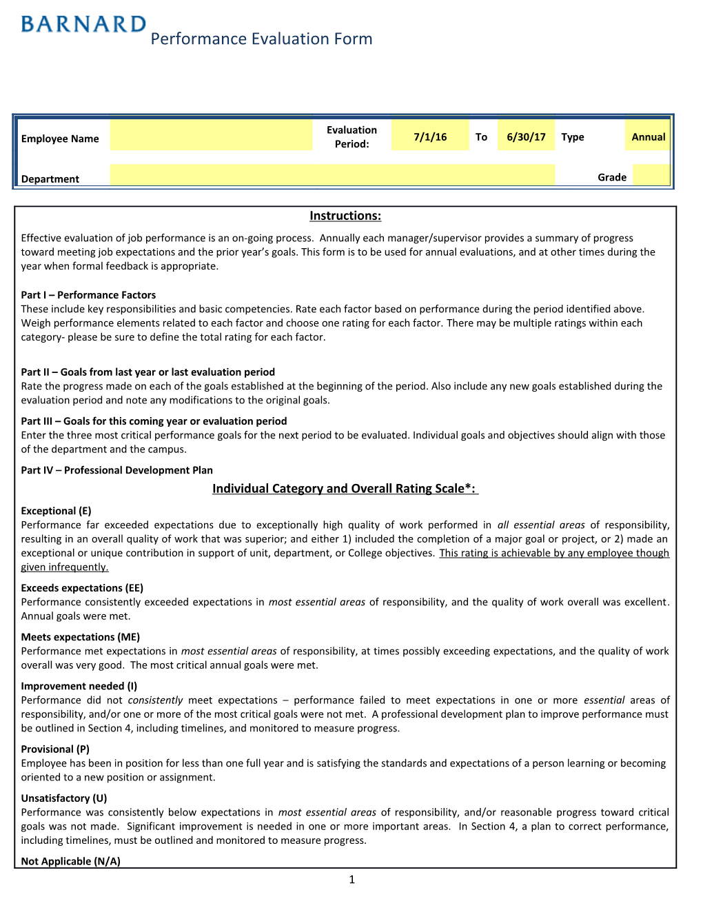 Barnard College Annual Performance Evaluation Form