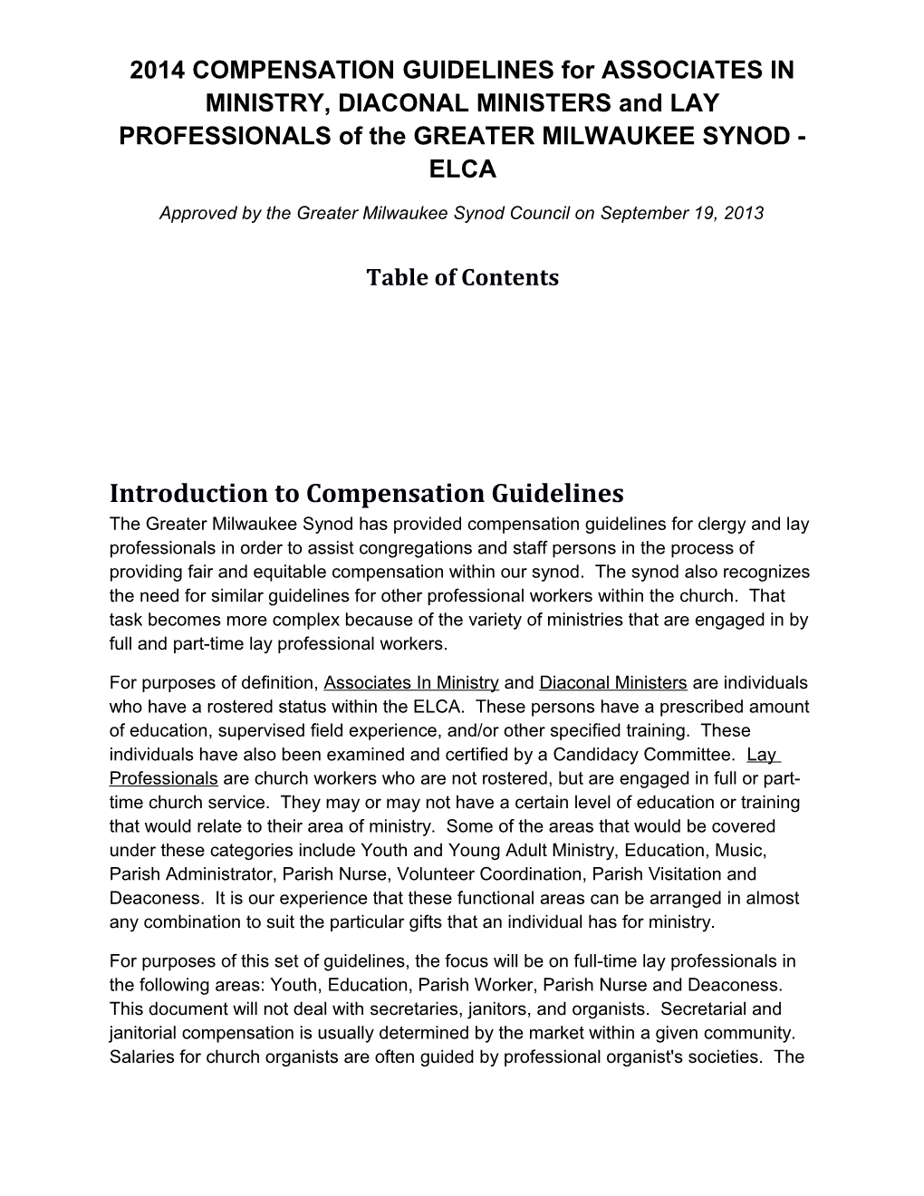 2014 Compensation Guidelines for Associates in Ministry, Diaconal Ministers and Lay