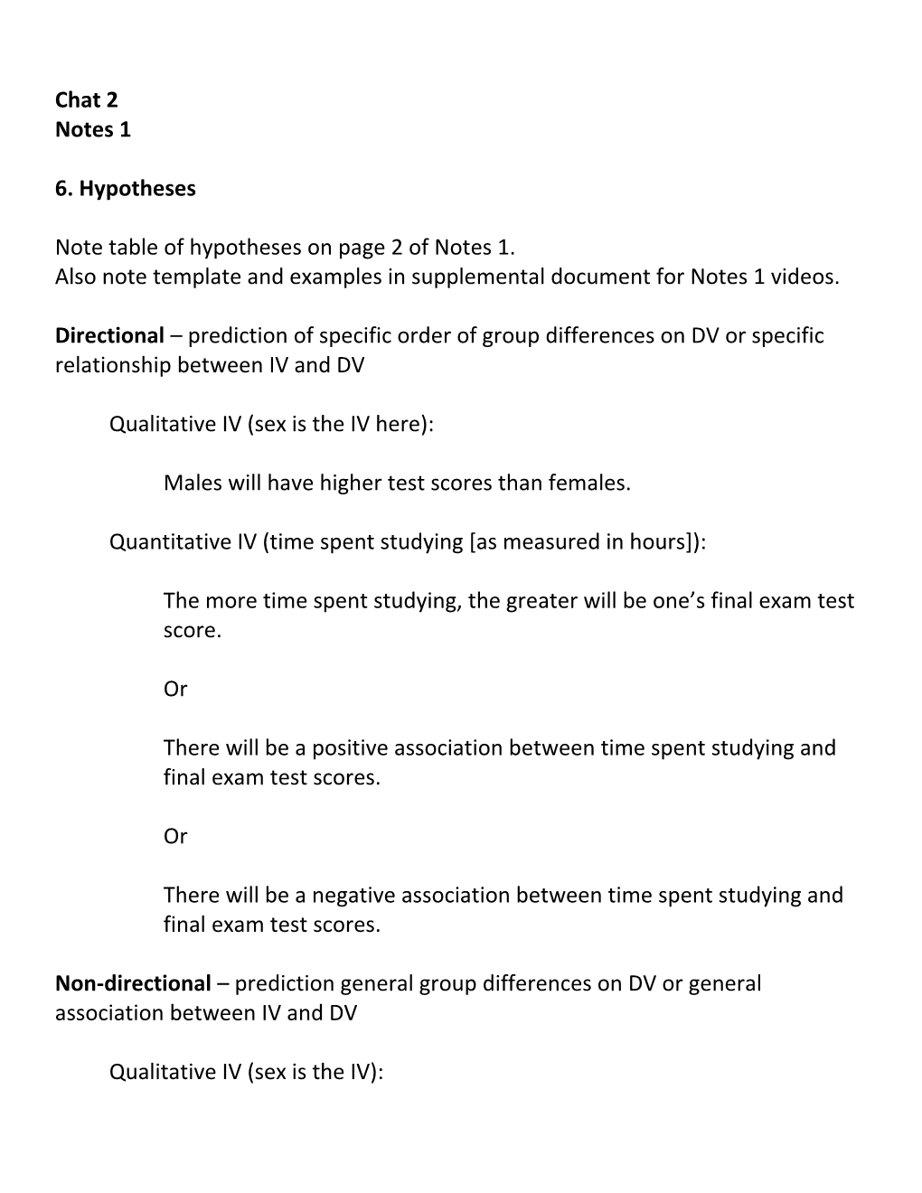 Note Table of Hypotheses on Page 2 of Notes 1