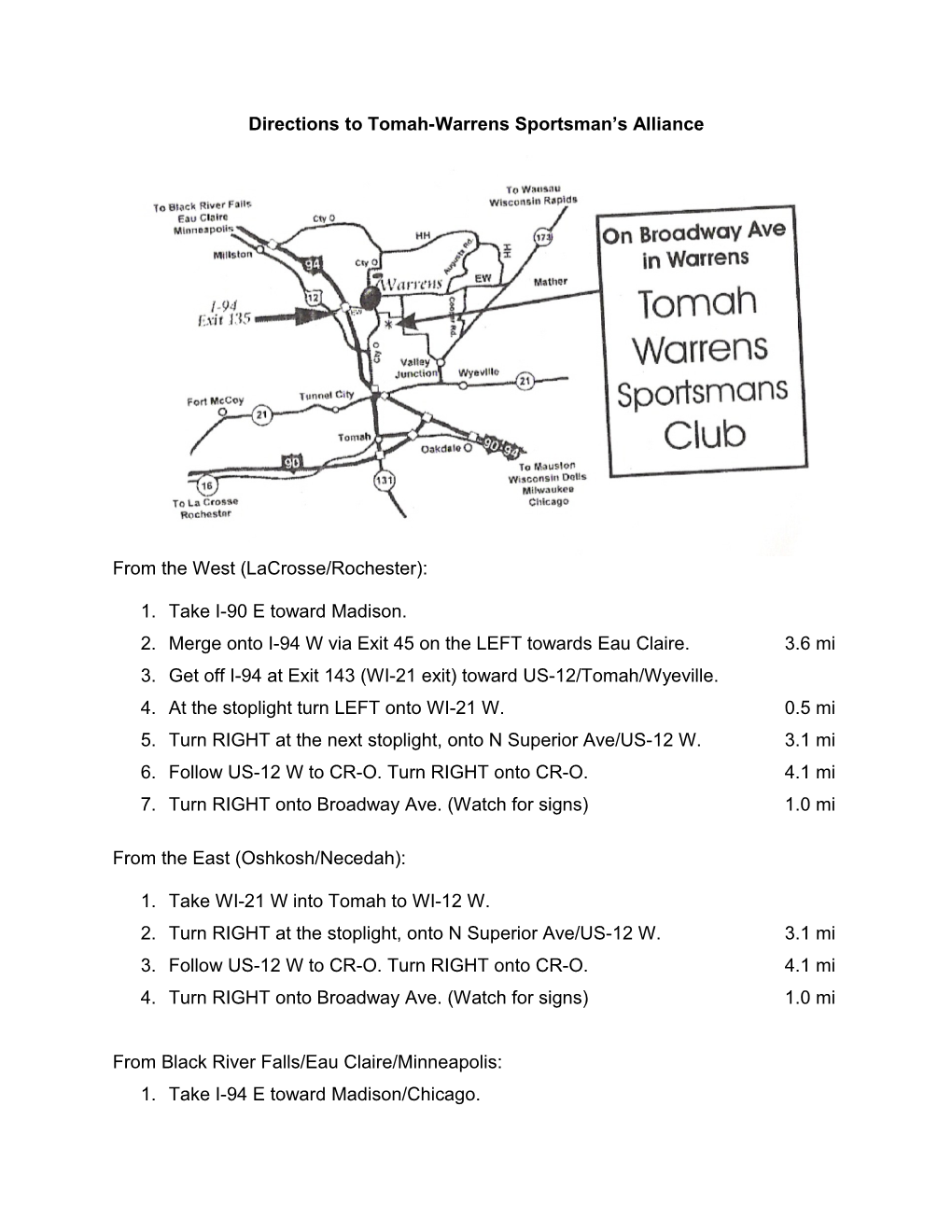 Directions to Tomah-Warrens Sportsman S Alliance