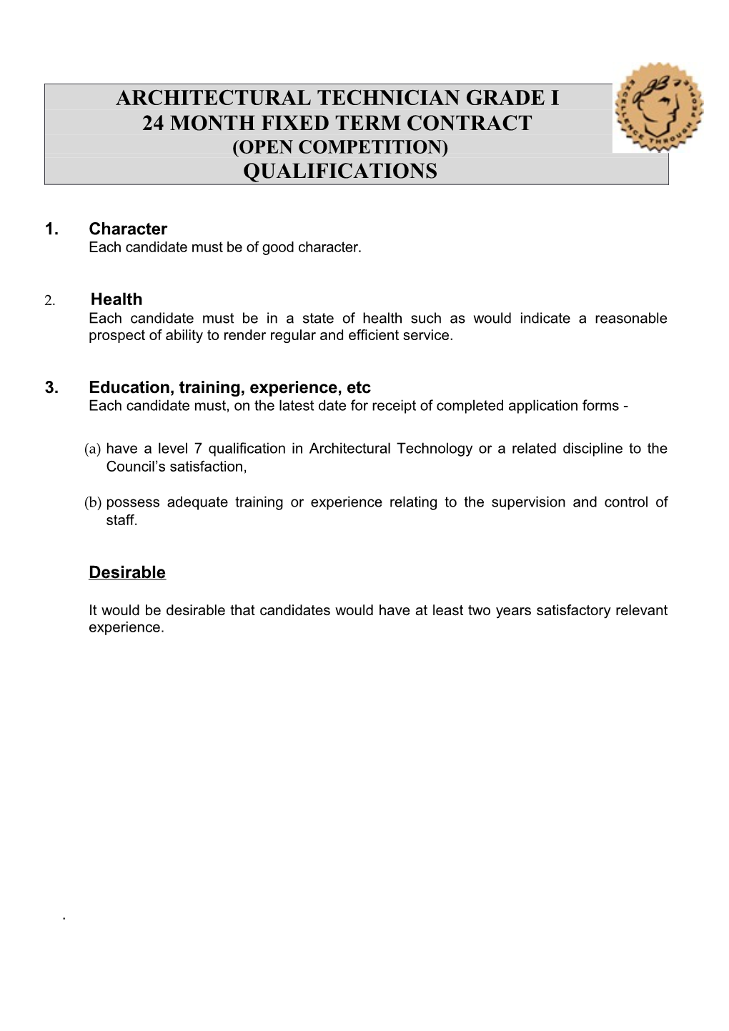 Acting Administrative Officer - Water Services - Qualifications and Particulars