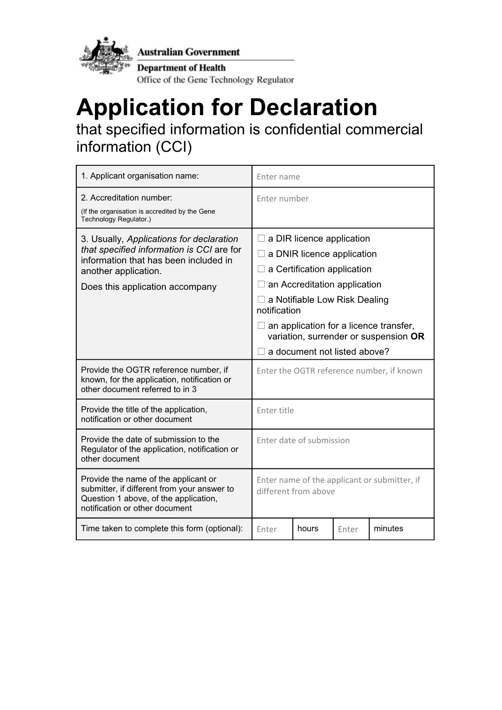 Application for Declaration That Specified Information Is CCI