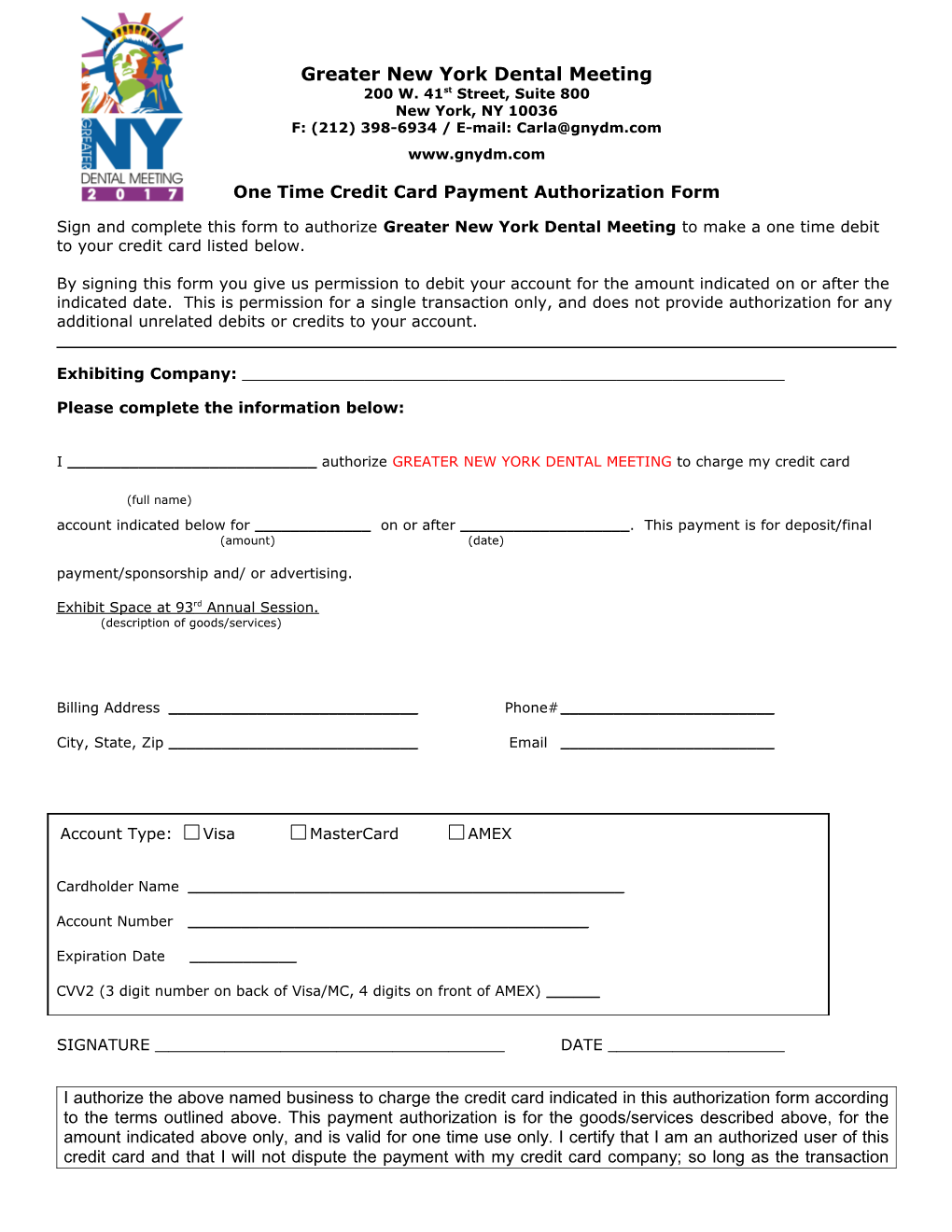 One Time Credit Card Payment Authorization Form