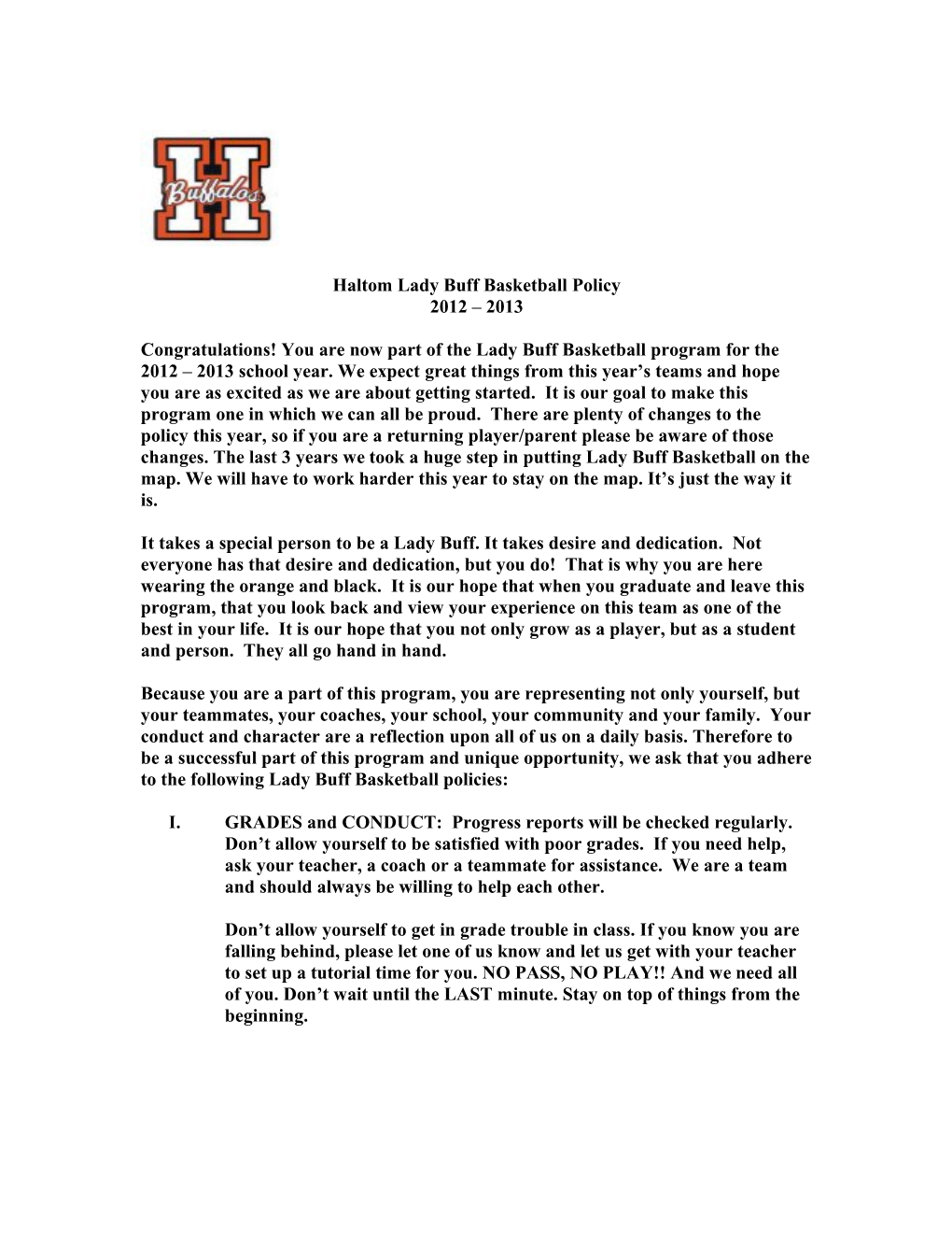 Haltom Lady Buff Basketball Policy