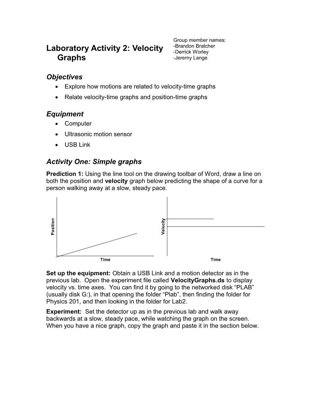 Laboratory Activity 1: Position Graphs s1