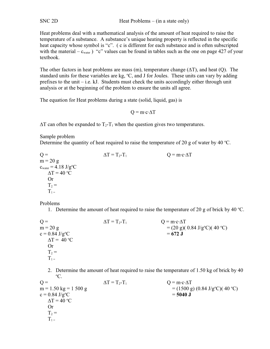 SNC 2Dheat Problems (In a State Only)