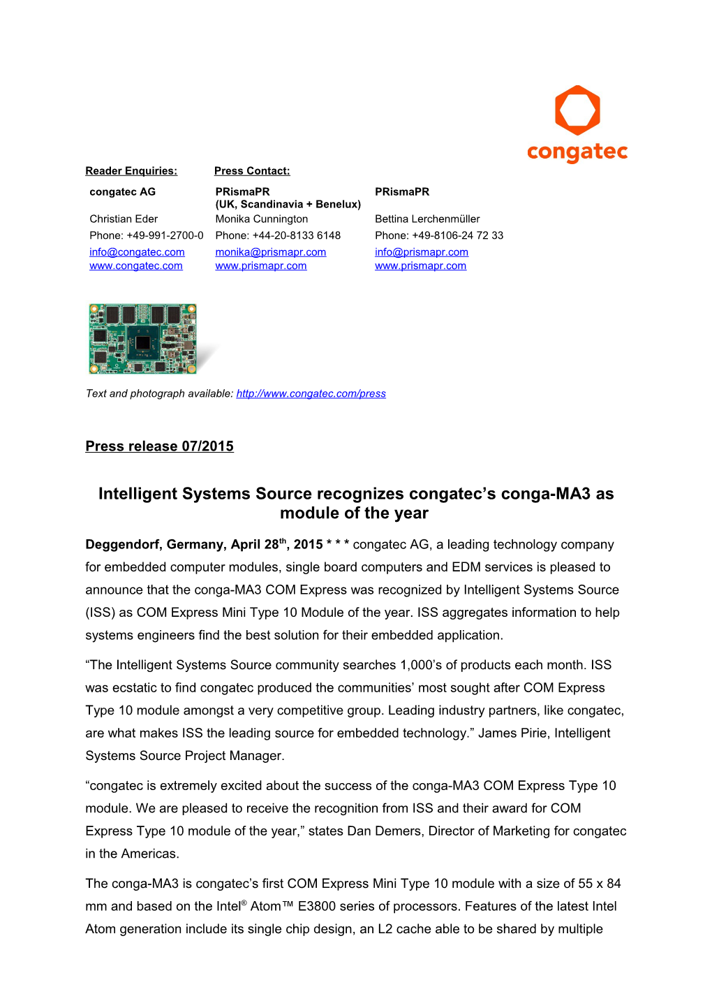 Intelligent Systems Source Recognizes Congatec S Conga-MA3 As Module of the Year