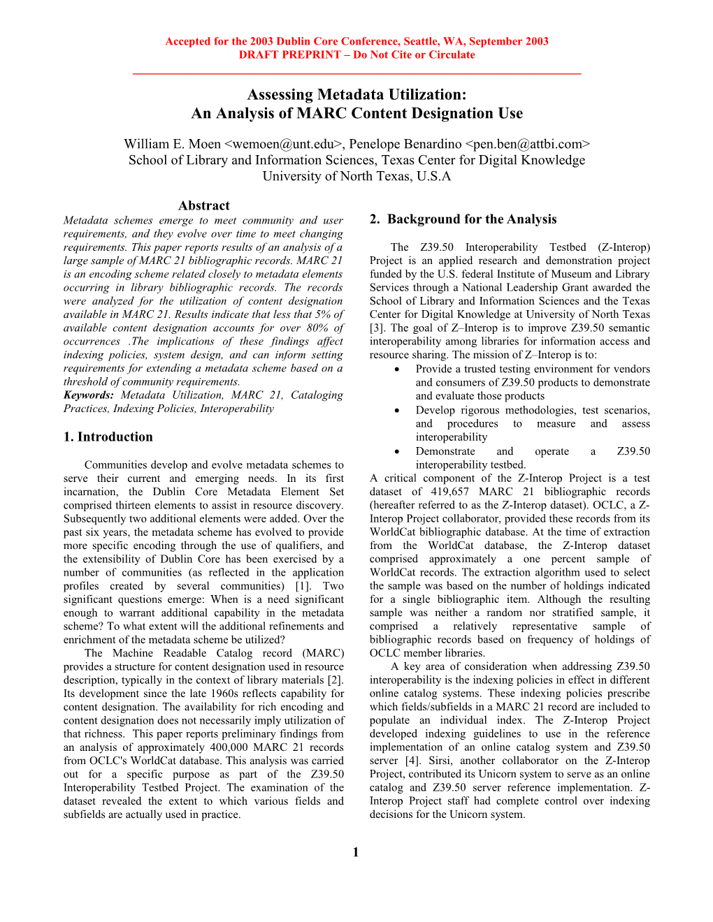 Assessing Metadata Utilization: An Analysis Of MARC Content Designation Use, May 17, 2003