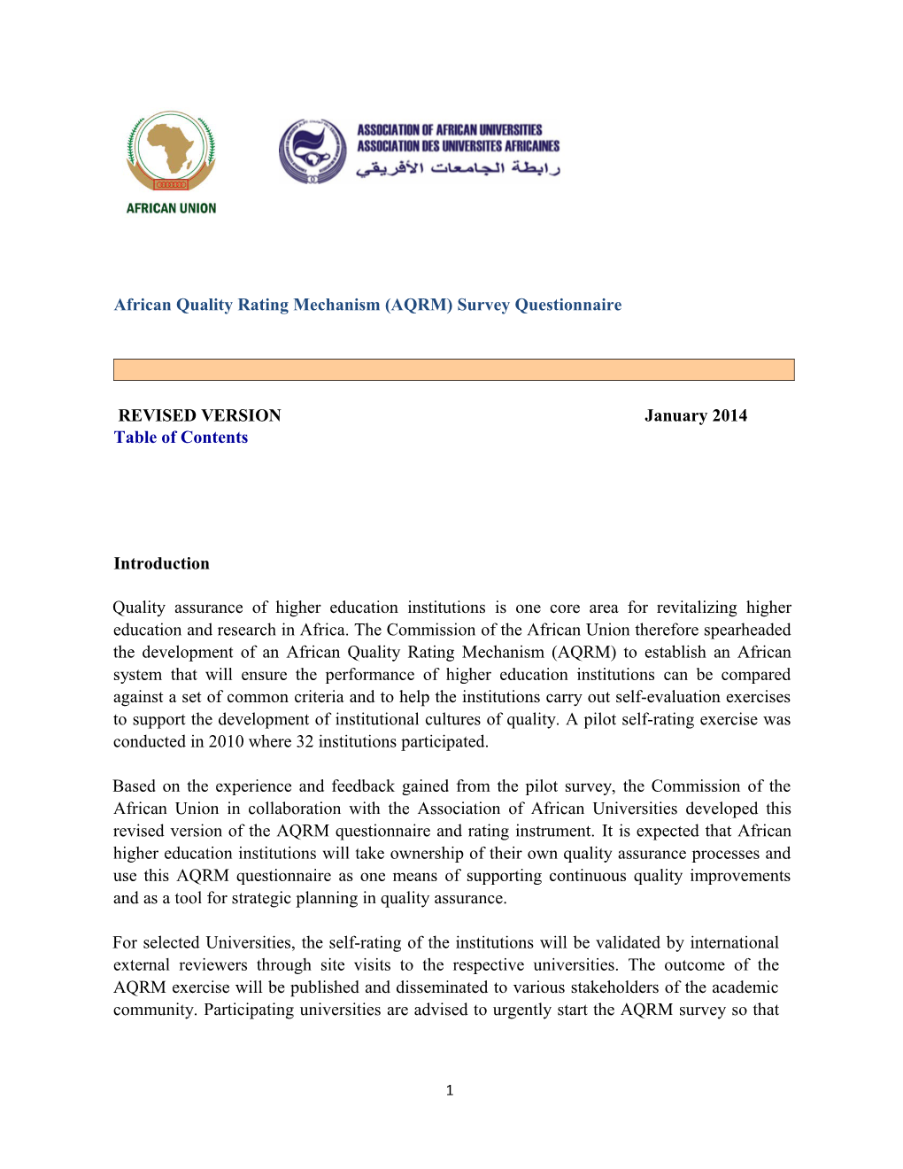 African Quality Rating Mechanism (AQRM) Survey Questionnaire