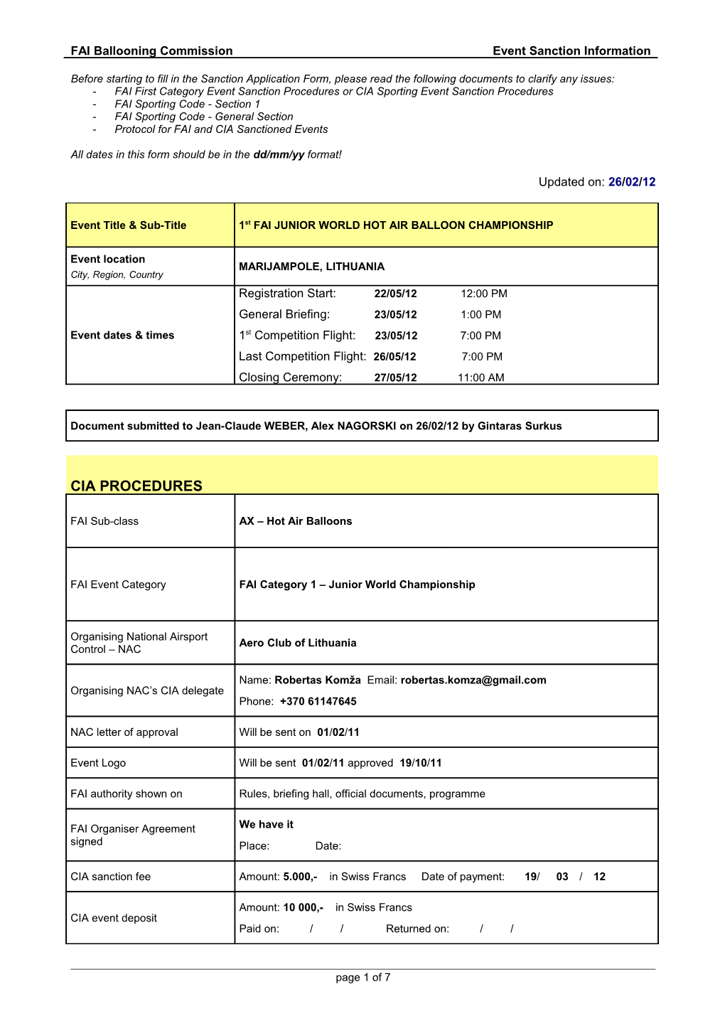 FAI First Category Event Sanction Procedures Or CIA Sporting Event Sanction Procedures