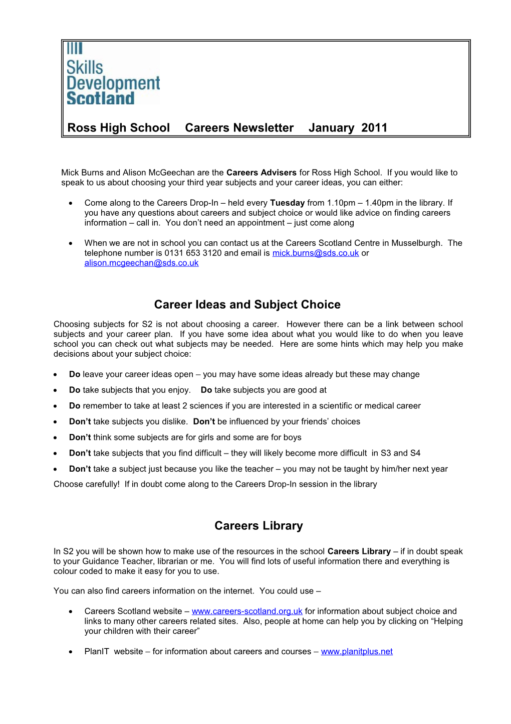 Ross High School Careers Newsletter January 2011