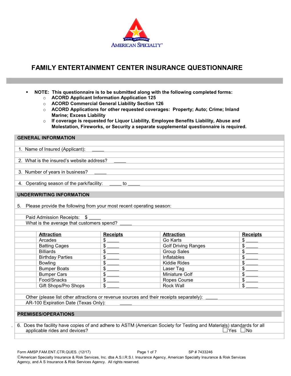 Family Entertainment Center Insurance Questionnaire