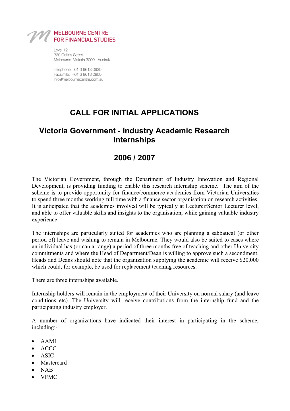 Call for Initial Applications
