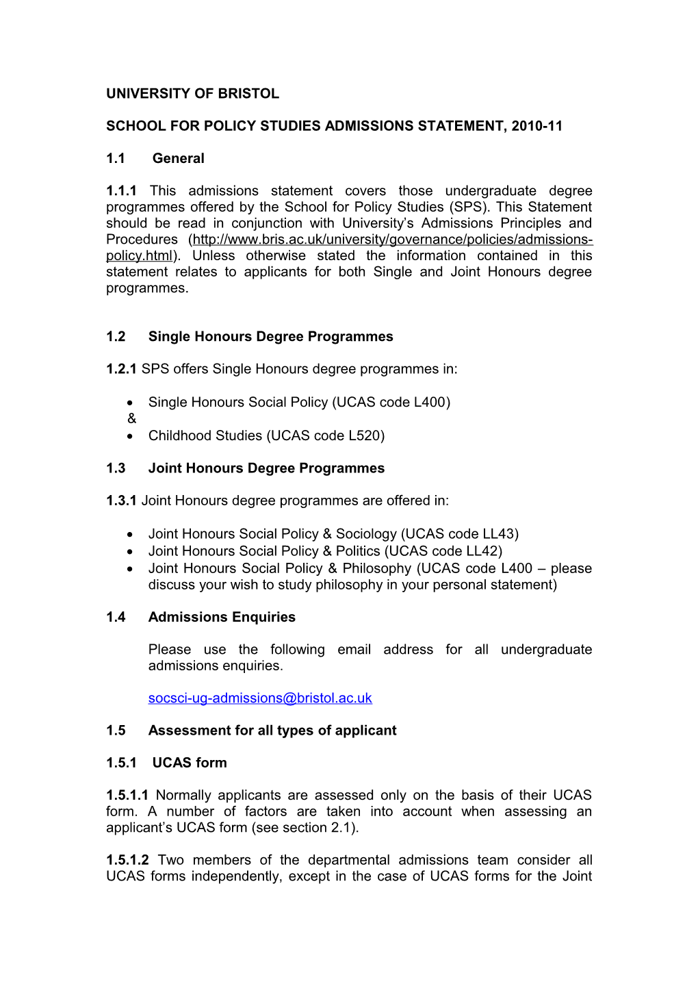 School for Policy Studies Admissions Statement, 2003-2004