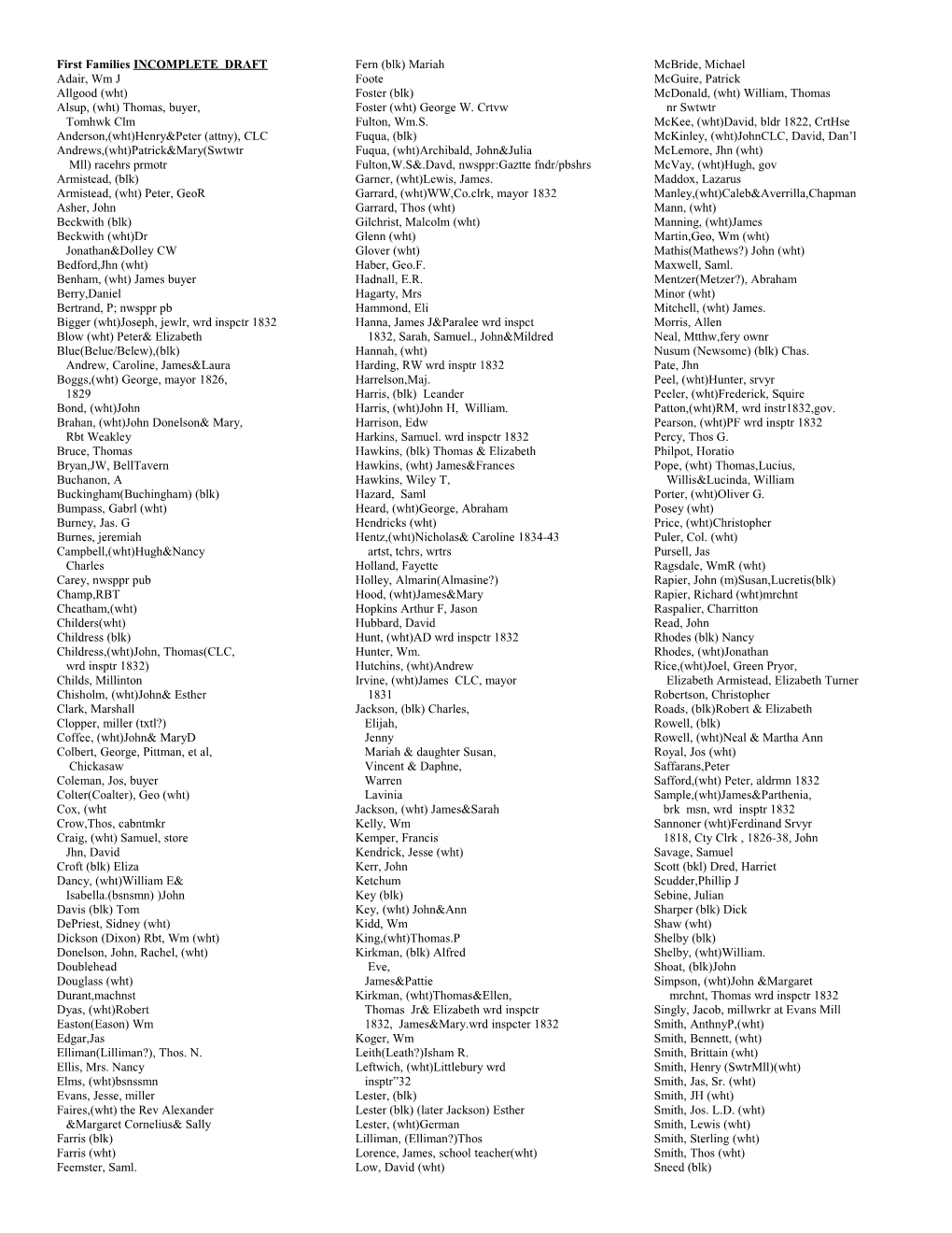 First Families INCOMPLETE DRAFT