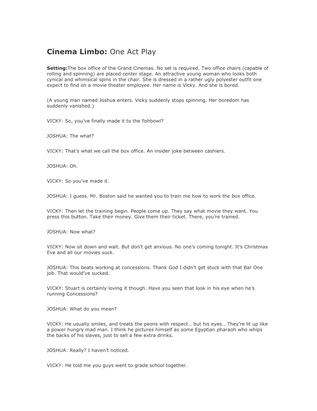 Cinema Limbo: One Act Play