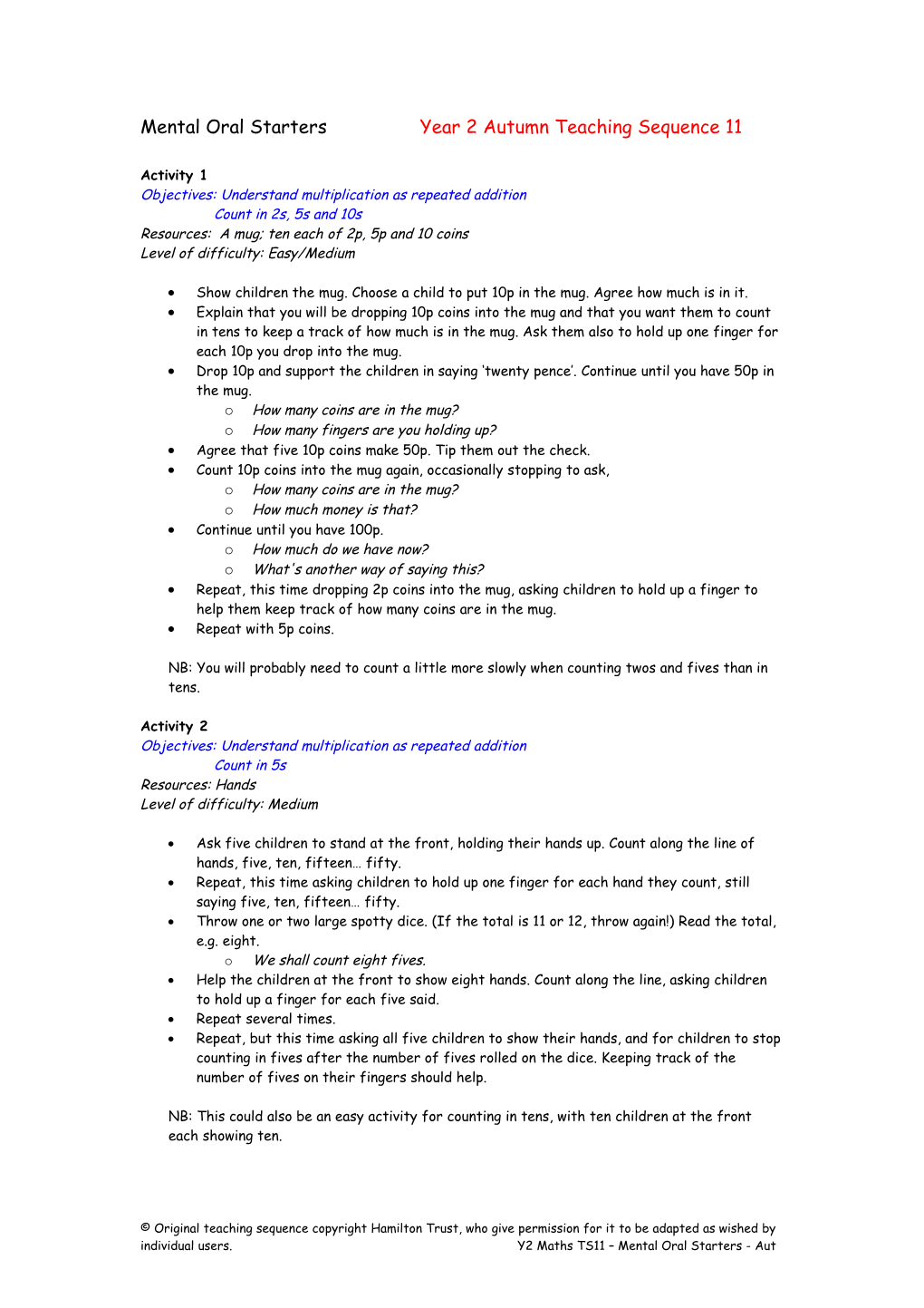 Mental Oral Starters Year 2 Autumn Teaching Sequence 11