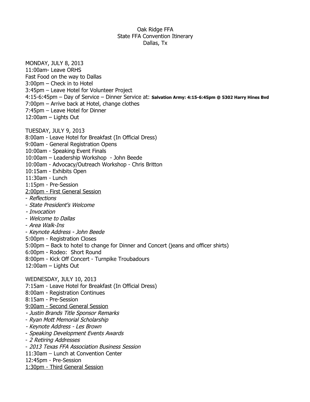 State FFA Convention Itinerary