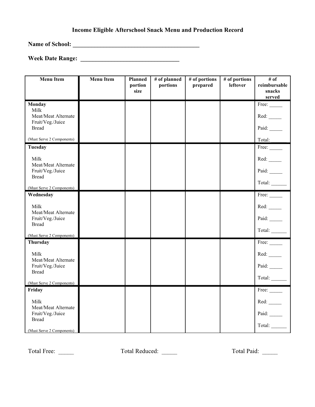 Income Eligible Afterschool Snack Menu and Production Record