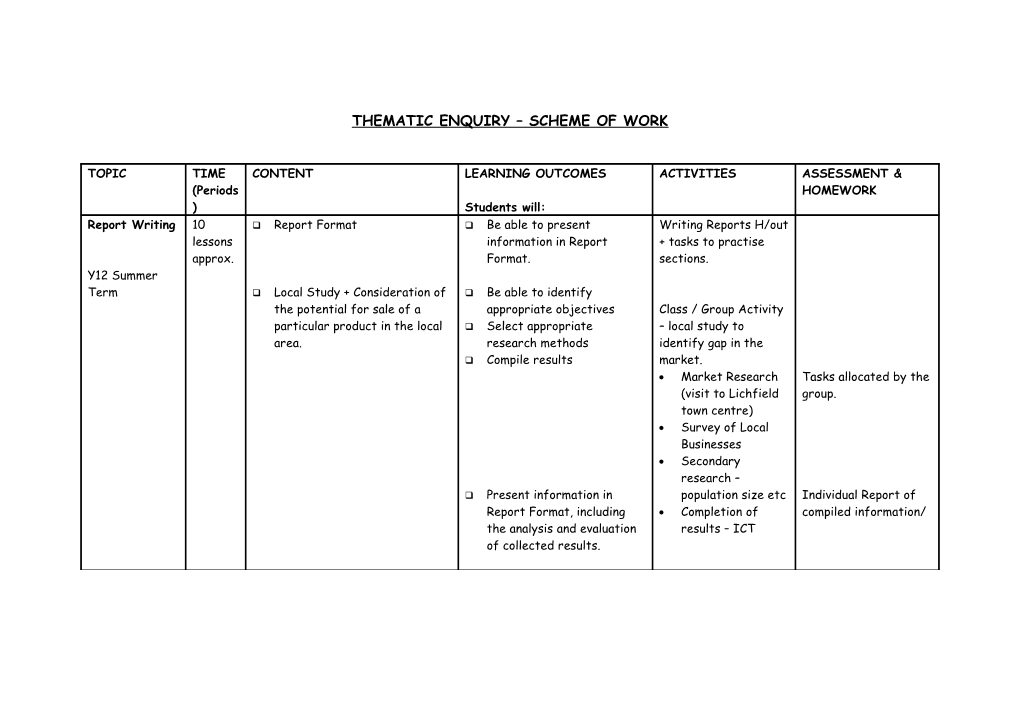 Thematic Enquiry Scheme of Work