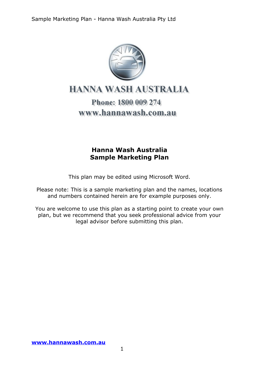 Sample Marketing Plan - Hanna Wash Australia Pty Ltd