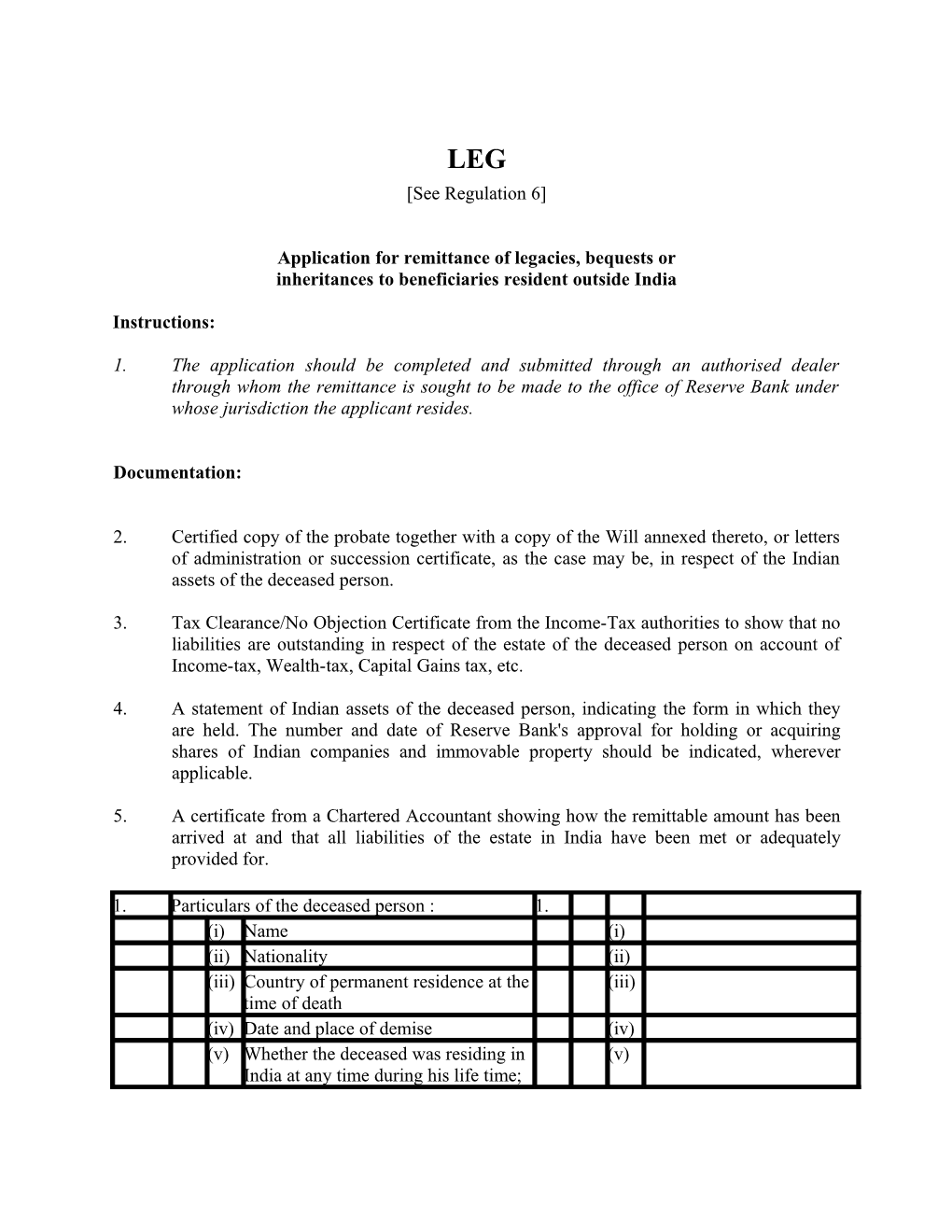 Application for Remittance of Legacies, Bequests Or Inheritances to Beneficiaries Resident