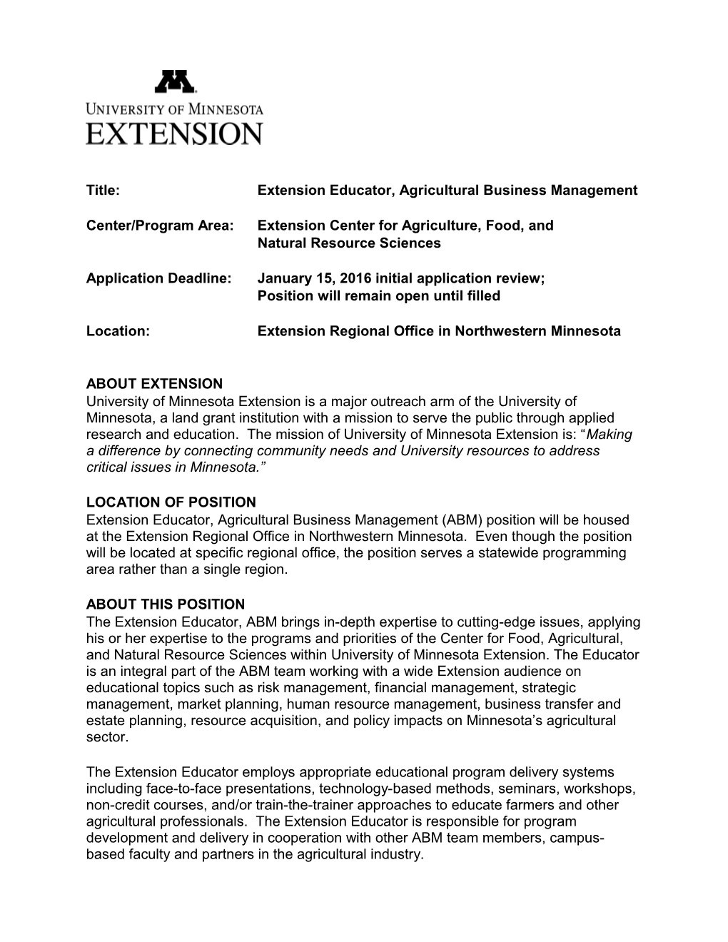 Title: Extension Educator, Agricultural Business Management