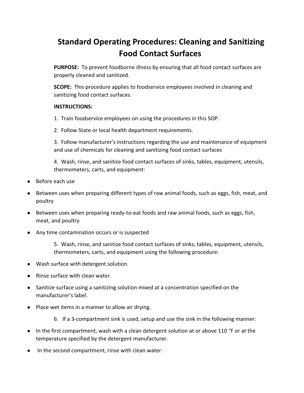 Standard Operating Procedures: Cleaning and Sanitizing Food Contact Surfaces