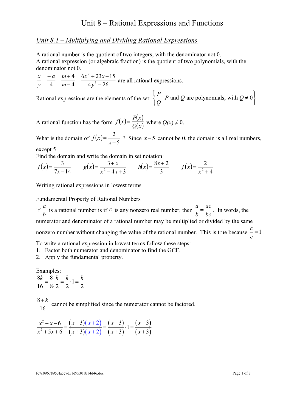 Unit 8 Rational Expressions and Functions