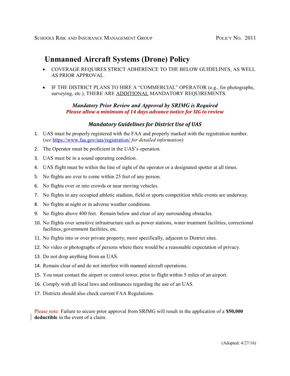 Schools Risk and Insurance Management Group Policy No. 2011