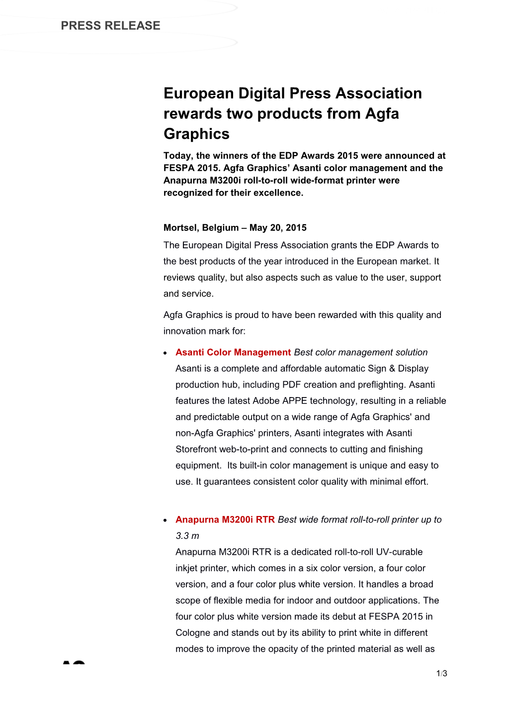 European Digital Press Association Rewards Two Products from Agfa Graphics