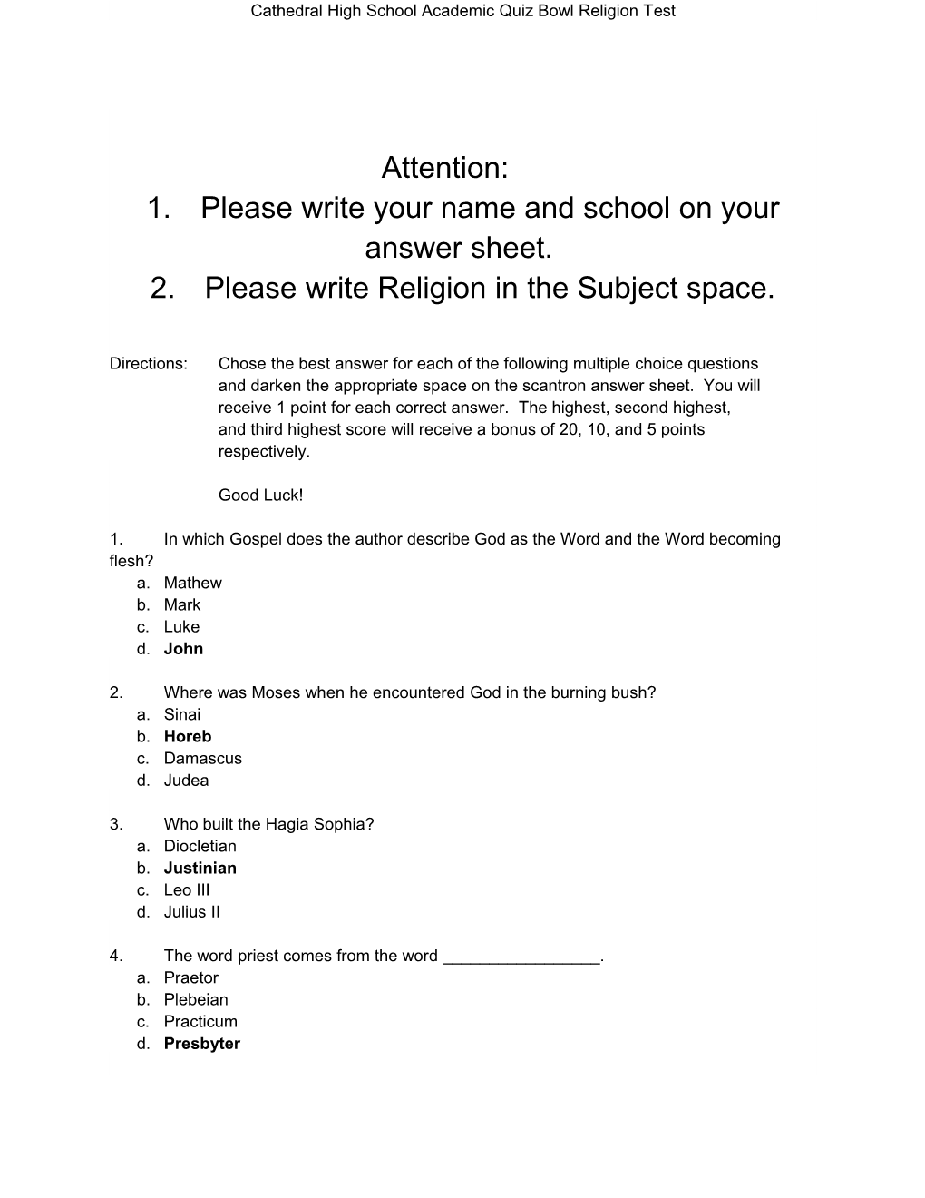 Cathedral High School Academic Quiz Bowl Religion Test