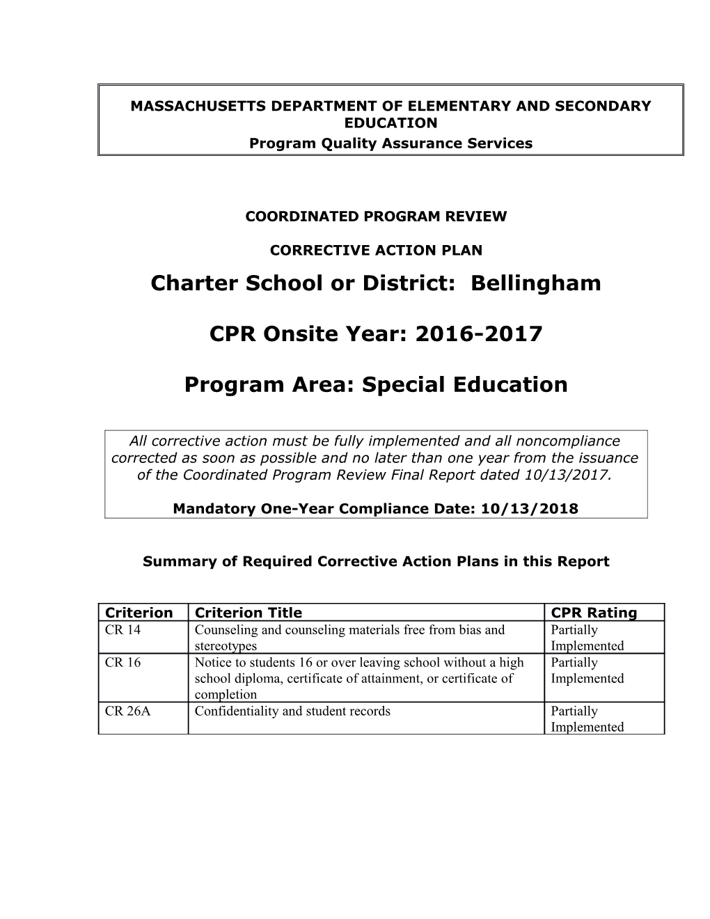 Bellingham Public Schools CAP 2017