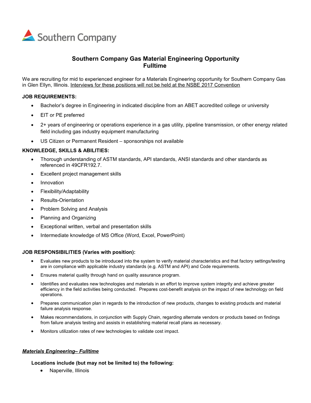 Southern Company Gas Material Engineering Opportunity