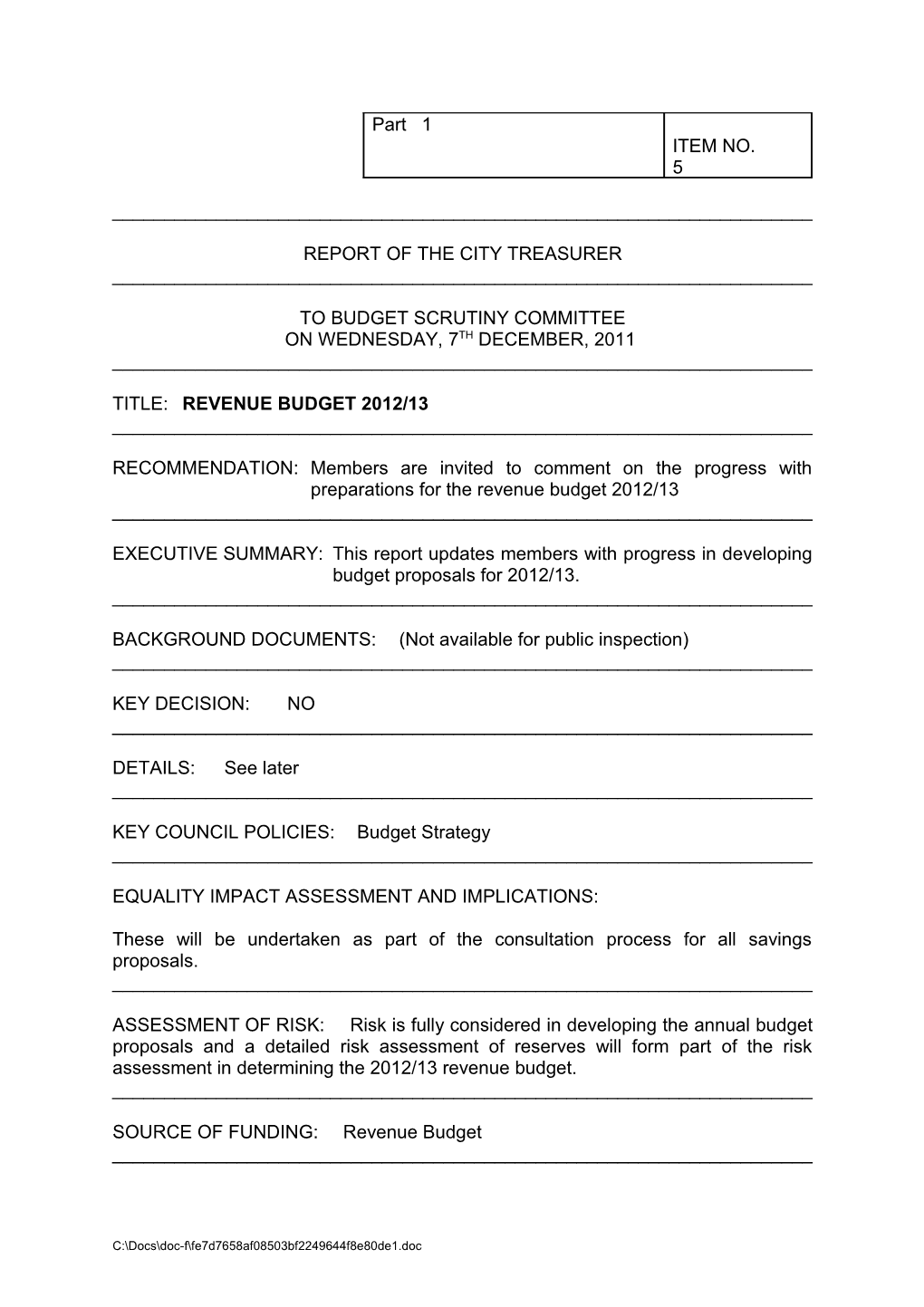 Report Ofthe City Treasurer