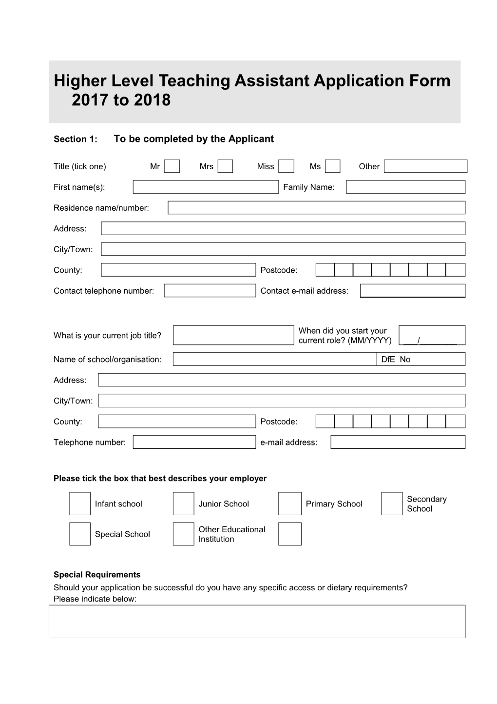 Higher Level Teaching Assistant Funding Application Form 2007/8