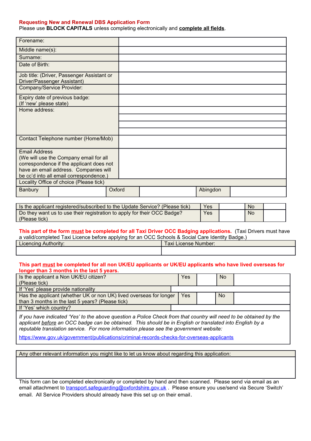 Requesting New and Renewal DBS Application Form