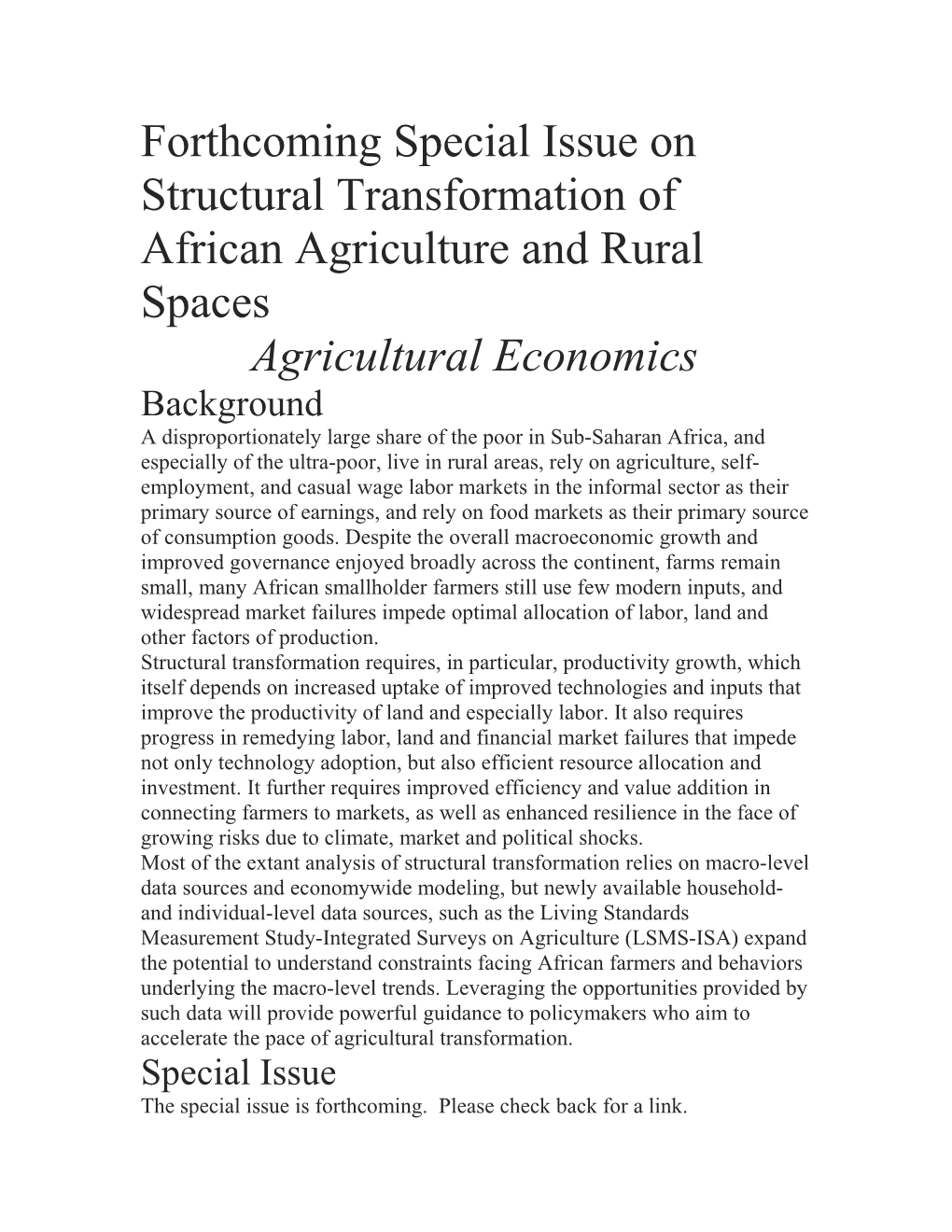 Forthcoming Special Issue on Structural Transformation of African Agriculture and Rural Spaces
