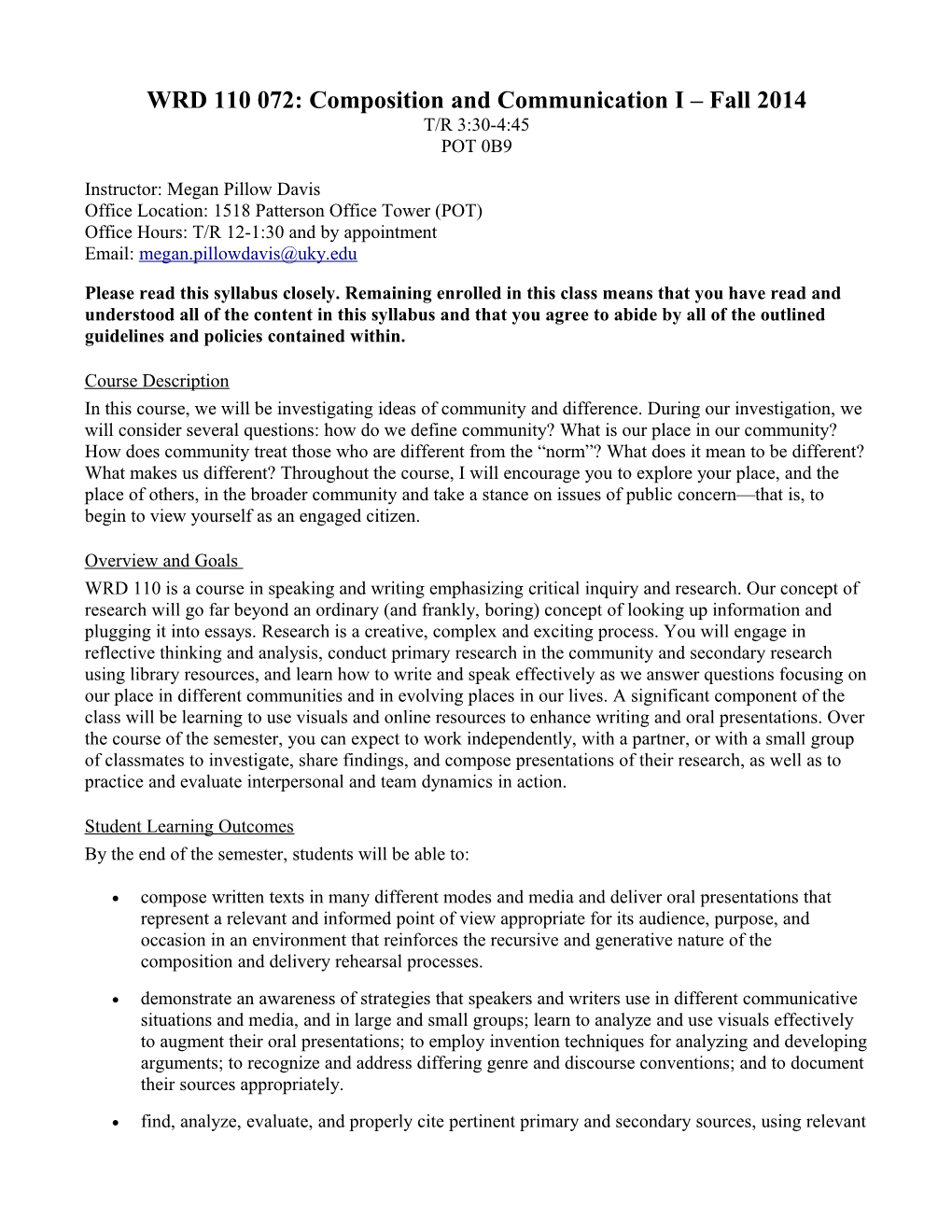 WRD 110 072: Composition and Communication I Fall 2014