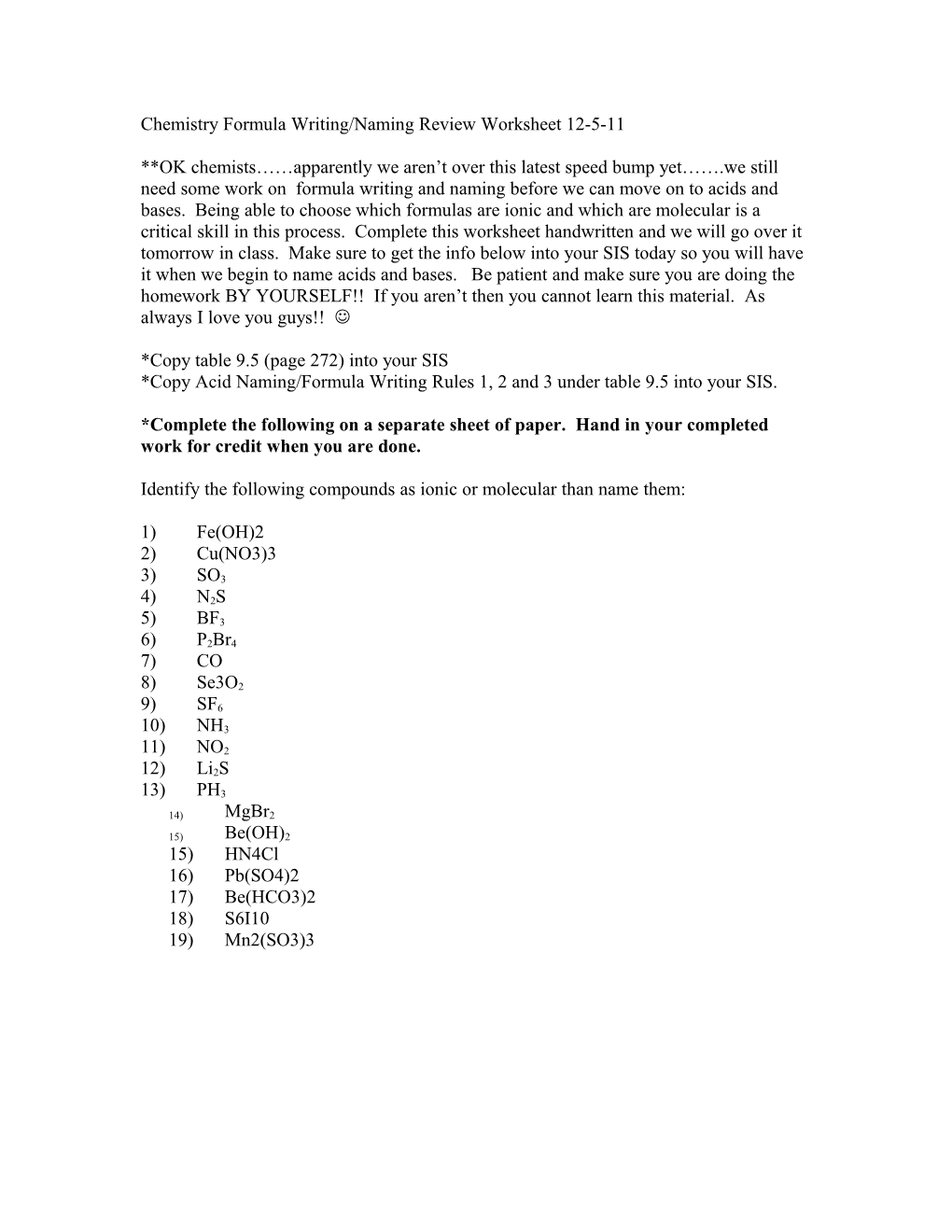Chemistry Formula Writing/Naming Review Worksheet 1-3-11