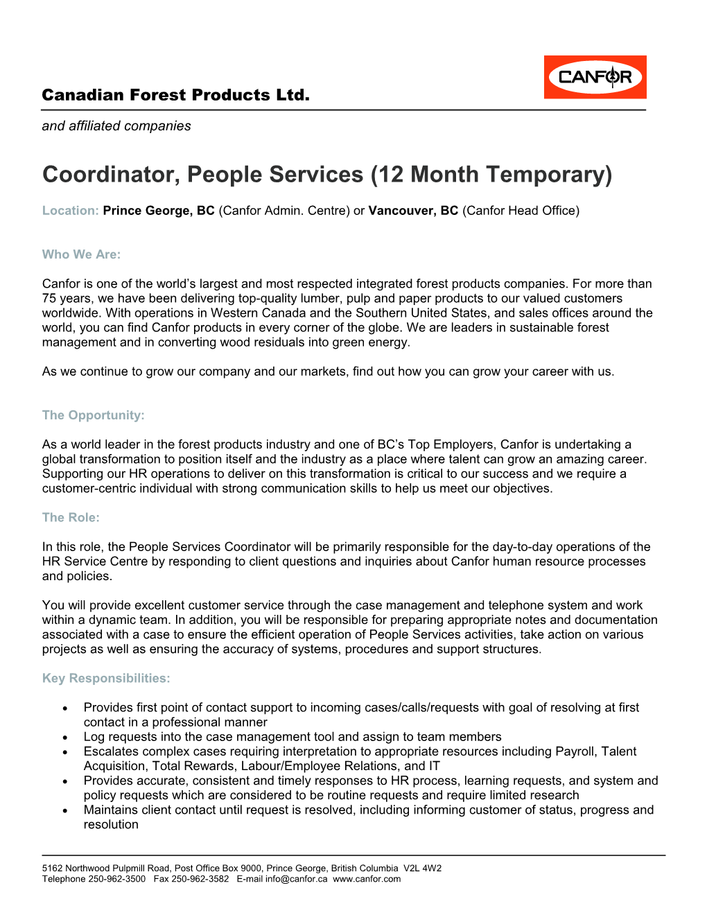Coordinator, People Services (12 Month Temporary)