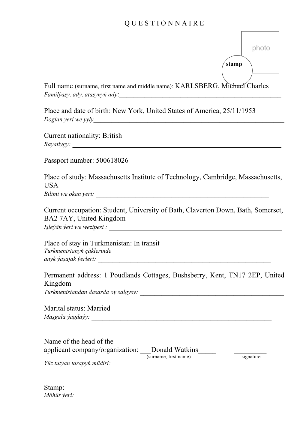 Full Name(Surname, First Name and Middle Name):KARLSBERG, Michael Charles