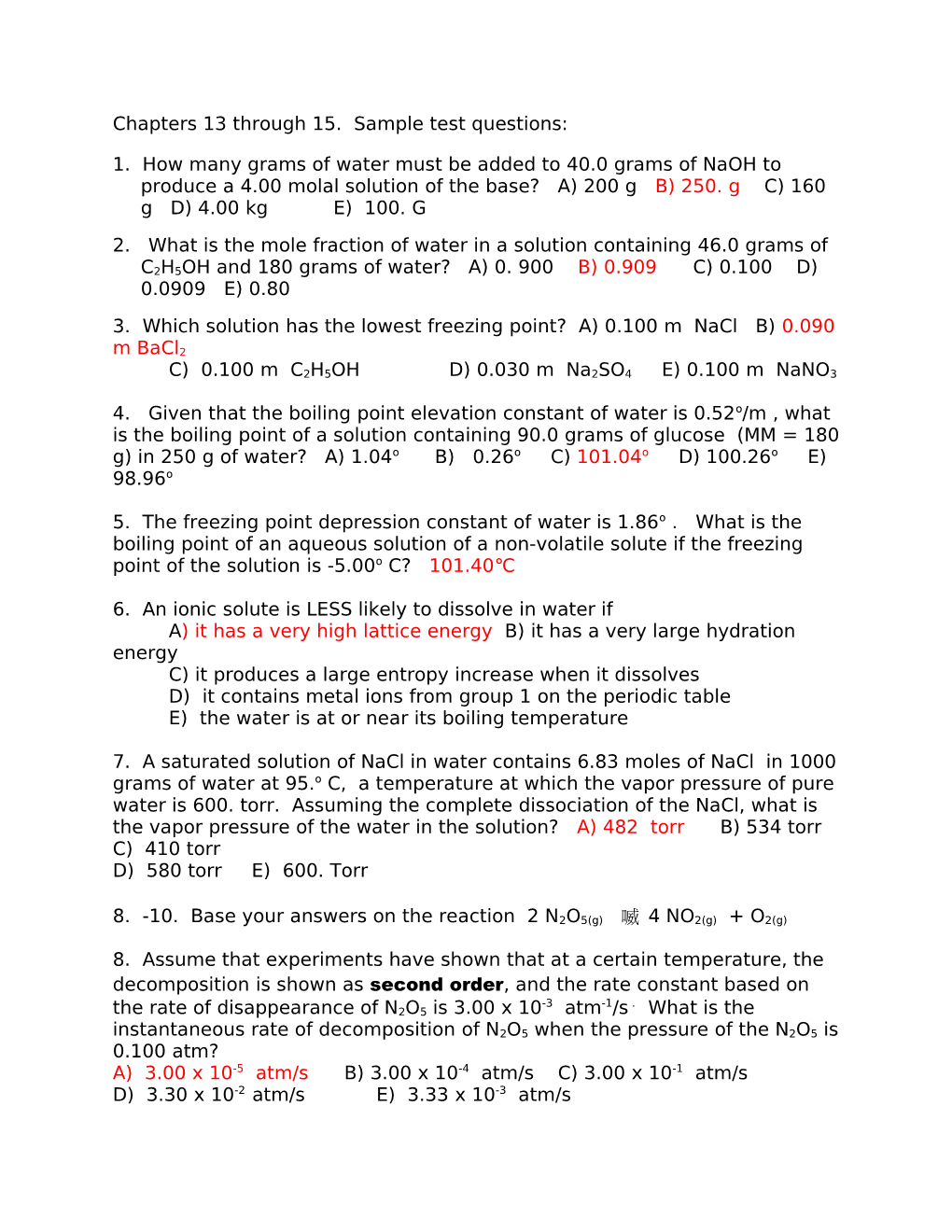 Chapters 13 Through 15. Sample Test Questions