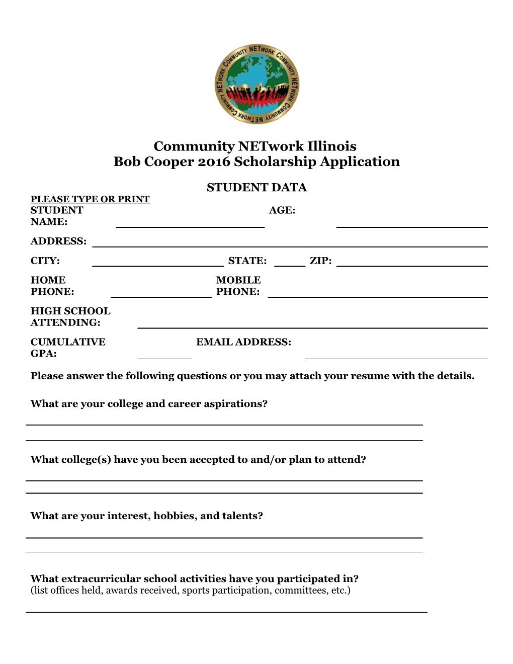 Bob Cooper 2016 Scholarship Application