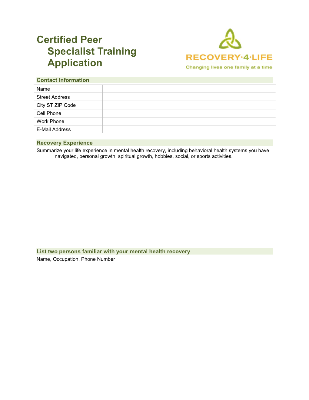 Certified Peer Specialist Training Application